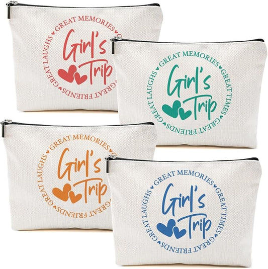 4PCs Girls Trip Gifts Favors, 2025 Girls Weekend Gifts Funny Makeup Bag, Bestie Gifts Weekend Bag Summer Vacation Cosmetic Bag, Friendship Gifts for Women Friend, Graduation Wedding Gifts Toiletry Bag
