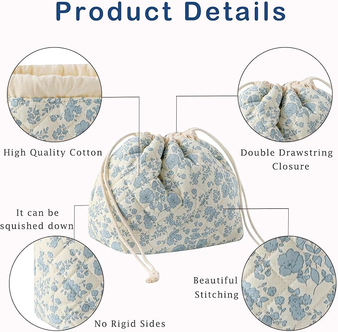 Cotton Quilted Drawstring Makeup Bag with Canvas Lining,Coquette Aesthetic Cute Travel Toiletry Bag,Drawstring Gift Bag for Women and Girls（02Light Blue Flower）