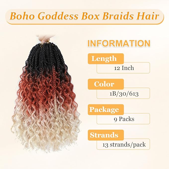9 Packs Goddess Box Braids Crochet Hair Boho Crochet Box Braids With Curly Ends Crochet Hair For Black Women, 12 Inch Pre Looped Bohemian Crochet Box Braids Hair (12Inch 9 Packs,1B/30/613)