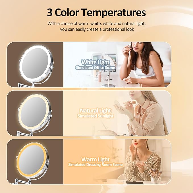 8" Wall Mounted Lighted Makeup Mirror, 1X/10X LED Lighted Magnifying Mirror with 3 Colors, 360° Rotation Double Sided Extension Foldable Arm Rechargeable Makeup Mirror, Touch Dimming
