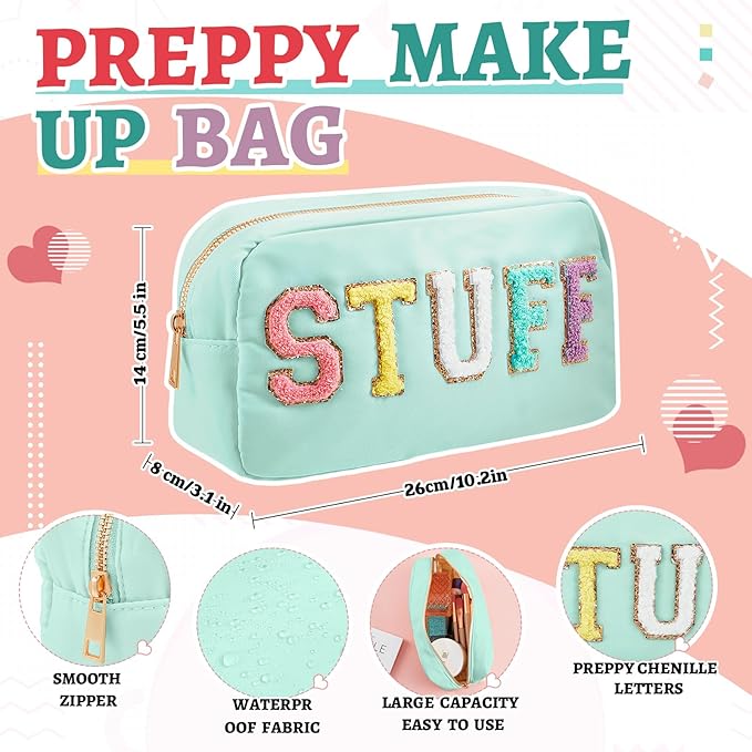2 Pcs Preppy Chenille Letter Duffle Bag and Makeup Pouch, Travel Tote Bag Cosmetic Zipper Patch Makeup Bag (Mint Green)