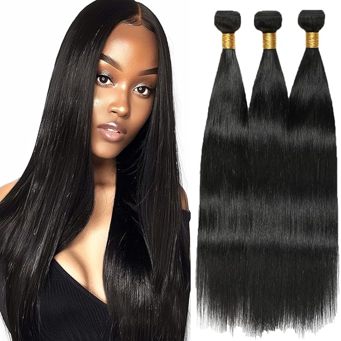 Human Hair Bundles Natural Color Straight Bundles Brazilian Human Hair Weave Extensions Soft and Silky for Black Women 12 14 16 Inch
