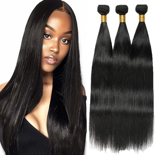 Human Hair Bundles Natural Color Straight Bundles Brazilian Human Hair Weave Extensions Soft and Silky for Black Women 12 14 16 Inch