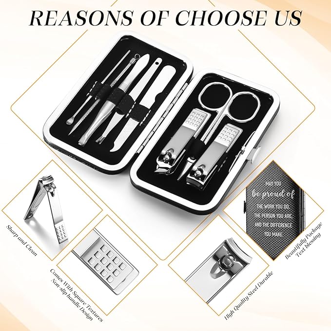 12 Sets 8 in 1 Nail Clippers Manicure and Pedicure Kit May You Be Proud of The Work You Do Toenail Fingernail Clipper Stainless Steel Travel Manicure Case Gift for Father Men Women Coworkers Team