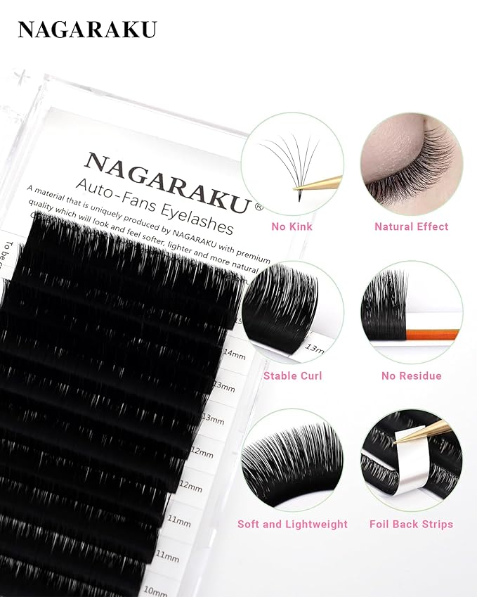 NAGARAKU Easy Fan Eyelash Extensions Volume Lash 0.07 D curl 8-15mm Mix Tray Rapid Blooming Faux Mink Cluster For Beginners Soft Professional Lash Supplies