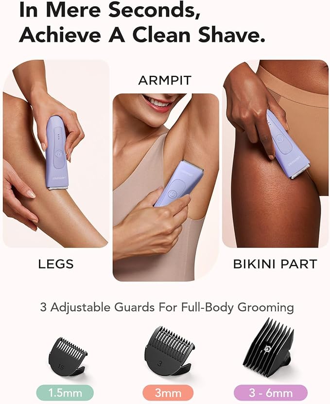 Bikini Trimmer for Women, Pubic Hair Shaver for Women -Electric Hair Shaver Razors, LADYSPOT™ Shaving Sets,with 3 Guards,Replaceable Hypoallergenic Ceramic Blade,Wet/Dry(Purple)