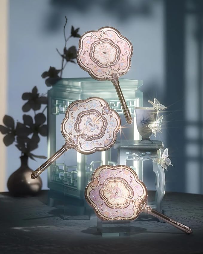 Flower Knows Butterfly Cloud Collar Hand Mirror,Portable Vintage Handheld Mirror,Durable Metal Mirror,Cute & Aesthetic Princess Mirror,with Long Handle for Easy Holding,Gift for Girls(Lotus Pink)