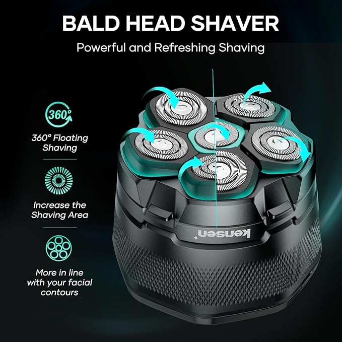 Head Shavers for Bald Men - kensen 6D Cordless Electric Razor, Waterproof Skull Shaver for Wet/Dry Use, LED Display, Type-C Charging, Close Shave - Easy to Clean, Perfect for Bald Heads and Face