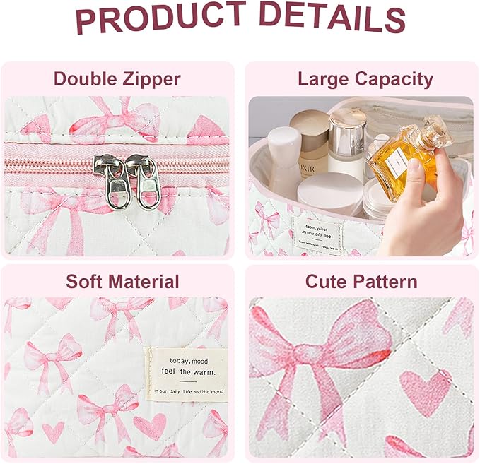 3Pcs Makeup Bag Cotton Quilted Travel Cosmetic Bag Cute Floral Makeup Pouch Large Toiletry Bag for Women Girls (Bow-Pink5)