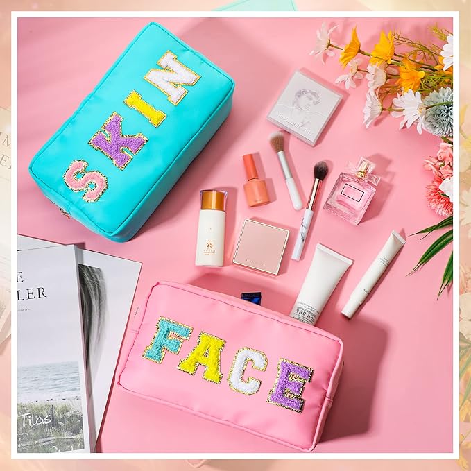Remerry 4 Pcs Makeup Bag Travel Cosmetic Bag Organization Chenille Letter Toiletries Stuff Pouch Preppy Waterproof Gift for Women Girl Teen (Colorful,Face Skin Hair Stuff)