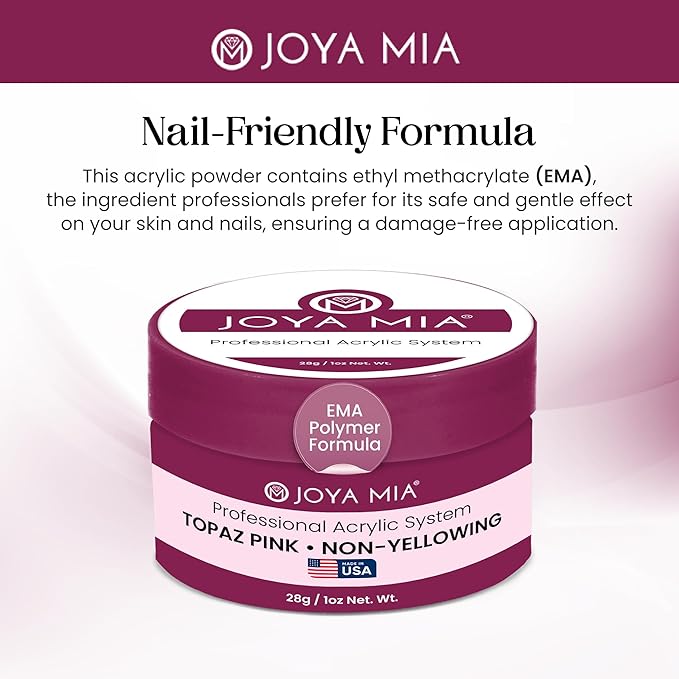 Joya Mia Acrylic Powder for Nails, MMA-Free, Super Adhesion Professional Powder for Flawless & Long-Lasting Nail Enhancements, Easy Application, Vibrant & Stunning Colors - Topaz Pink, 1 oz