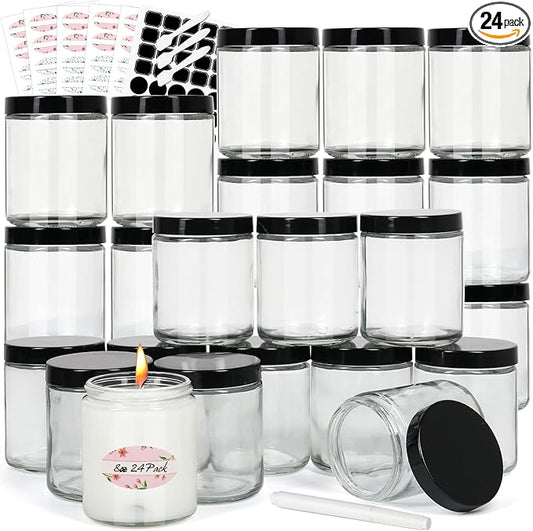 EkkoVla 24 Pack 8 oz Clear Round Glass Jars with 24 Black Lids, Candle Making Jar, Empty Refillable Cosmetic Containers for Lotions, Face Creams, Body Butter, Powders, Ointments, Beauty Products