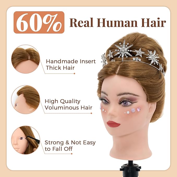 Mannequin Head 60% Human Hair with Tripod Stand,28 Inch Make up Cosmetology Manikin Practice Doll Head with Hair,Braiding Hairdressing Head for Hair Styling with Table Clamp + DIY Hair Styling Set
