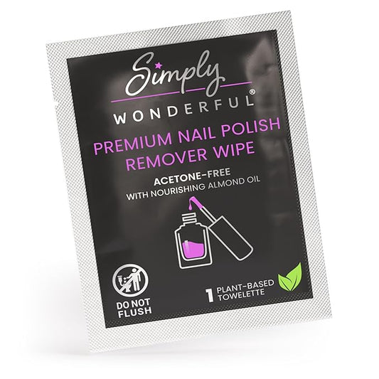 Simply Wonderful Lint Free Nail Polish Remover Wipes, Acetone-Free, Enriched with Nourishing Almond Oil, Plant-Based Nail Polish Remover Pads, 100 Individually Wrapped Nail Polish Wipes