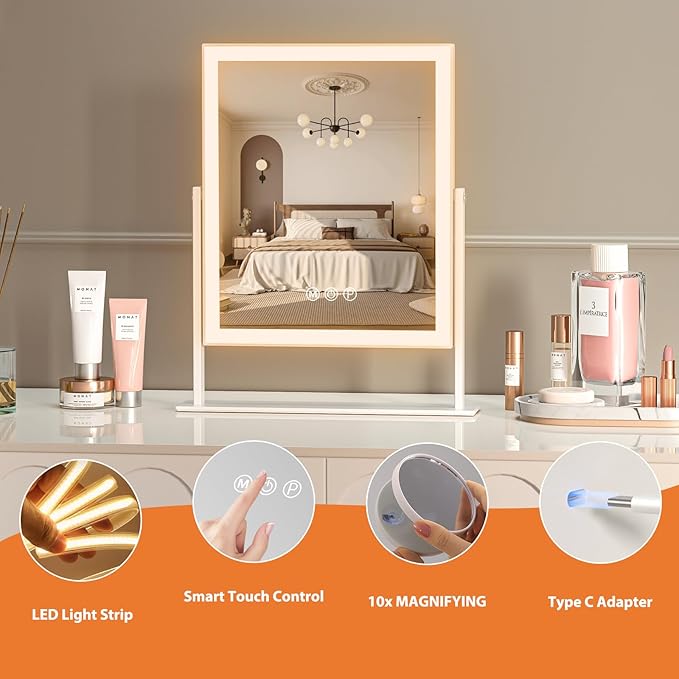 Vanity Mirror With Lights - 3 Color Lighting Modes, 10X Magnification, 360 Degree Rotation, LED Makeup Mirror for Bedroom - White