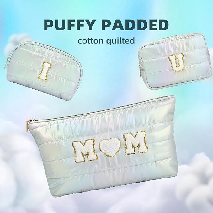 Hiroyuki 3pcs Iridescent Quilted Makeup Bag (ILOVEUMOM, cyan)