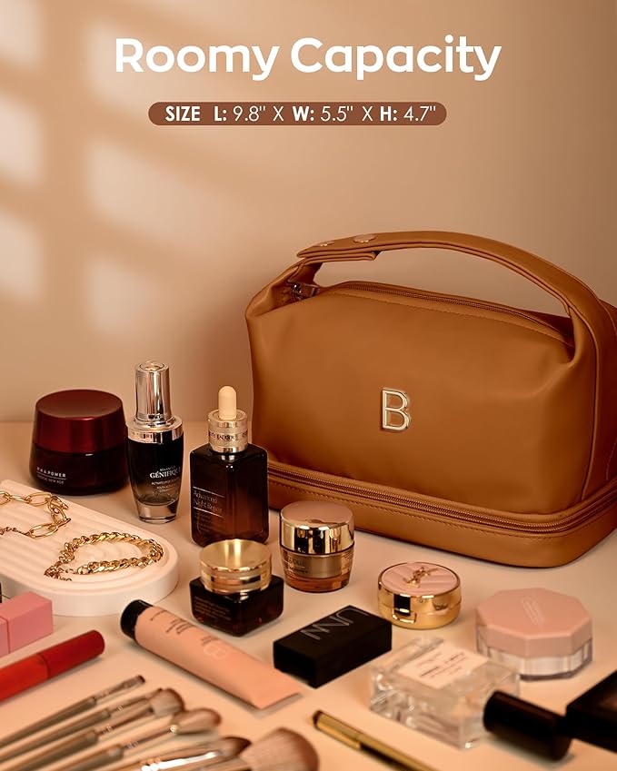 Gifts for Women Birthday, Personalized Makeup Bag Organizer with Handle, Initial Double Layer Cosmetic Bag with Makeup Brush Organizer, Cute Cosmetic Pouch for Women, Gifts for College Girls