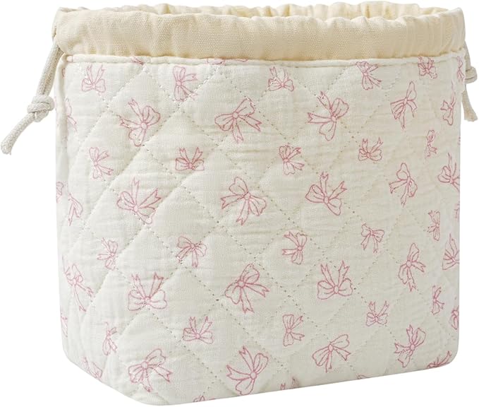 Cotton Quilted Drawstring Makeup Bag with Canvas Lining,Coquette Aesthetic Cute Travel Toiletry Bag,Drawstring Gift Bag for Women and Girls（12White Small Bow）