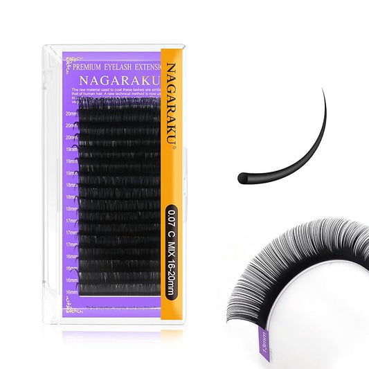 NAGARAKU Eyelash Extensions 0.07mm C curl 16-20mm Mix Tray Individual Lashes Classic Matte Black 16 Rows Professional Beauty Salon Supplies