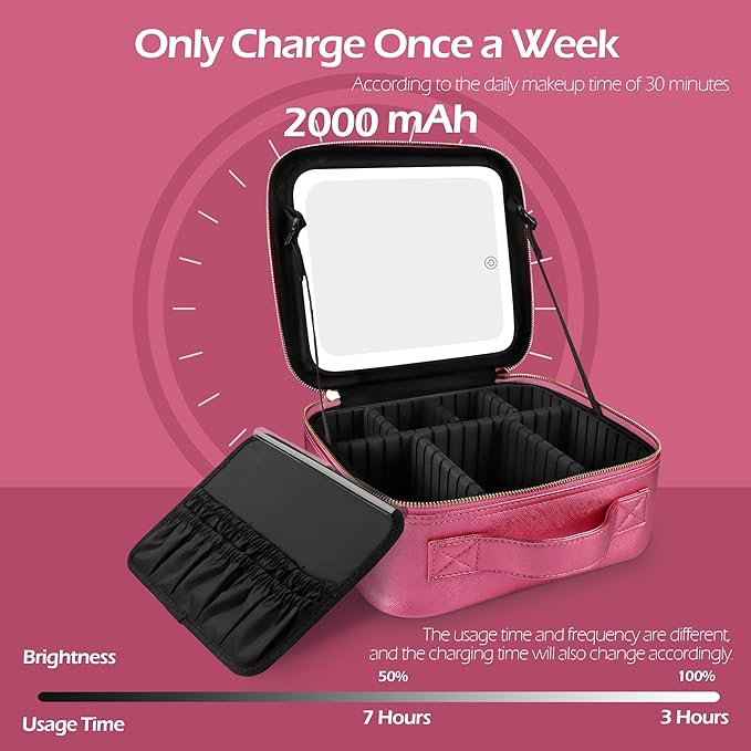 MOMIRA Travel Makeup Bag Cosmetic Bag Makeup Organizer Bag with Lighted Mirror, Adjustable Brightness in 3 Color Scenarios, Waterproof Makeup Train Case, Gift for Women - Brilliant Rose