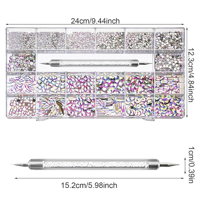 3100Pcs Nail Crystal Rhinestones Kit, Mix Shapes AB Glass, 3D Diamonds Flatback Crystals, with a Drill Pen, Nail Crystal Non Hotfix, Nail Art Decoration (AB Rhinestone)