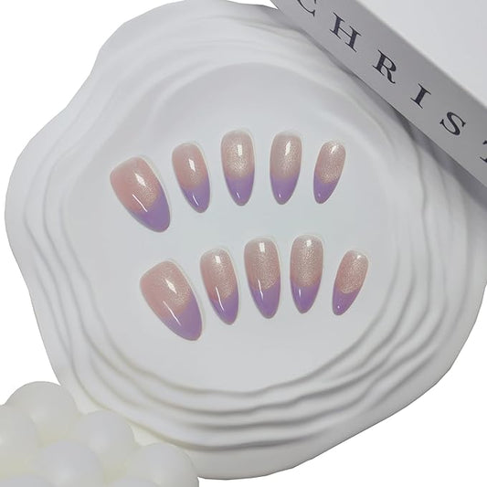 Almond Press on Nails Handmade Medium Long/Stiletto 3D Flower Fake Nail with Designs, Women Reusable False Nails (Light Purple French Tip, M)