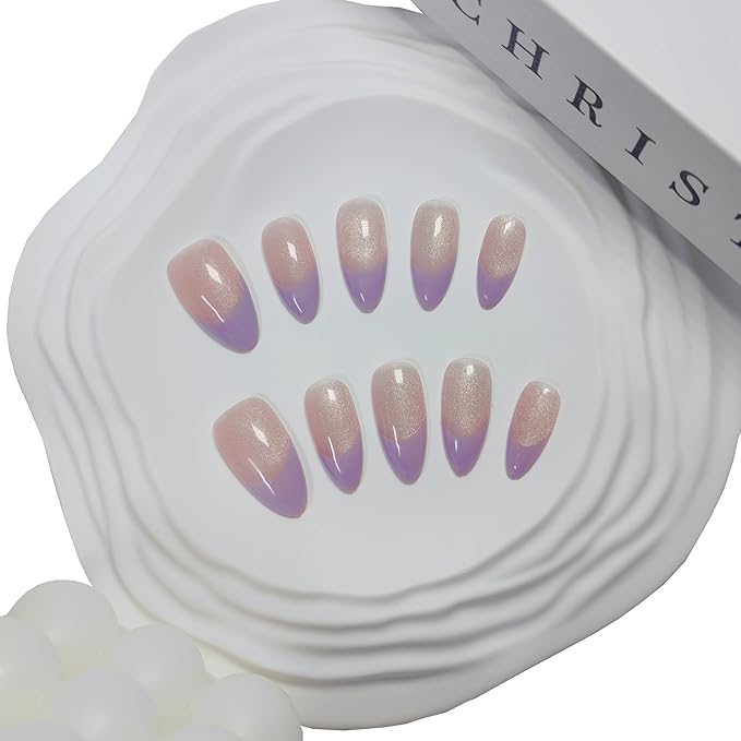 Almond Press on Nails Handmade Medium Long/Stiletto 3D Flower Fake Nail with Designs, Women Reusable False Nails (Light Purple French Tip, S)