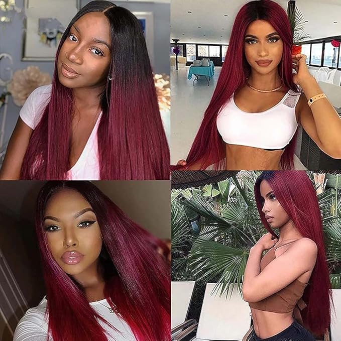 Ombre Human Hair 1B99j Straight Bundles Black Mixed With Burgundy Straight Bundles Two Tone Brazilian Human Hair Extensions Soft and Silky for Black Women 26 28 30 Inch