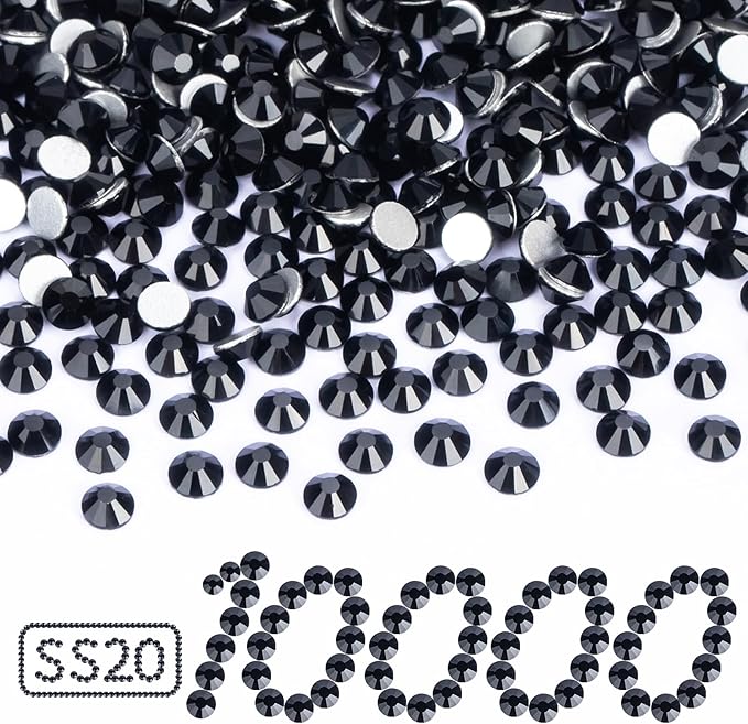 10000PCS Black Rhinestones Bulk, Flat Back Crystal Glass Stone Round Gems,SS20, 4.6-4.8mm
