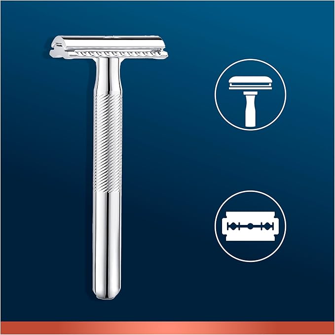 King C. Gillette Double Edge Safety Razor for Men, 5 Platinum Coated Double Edge Razor Blades, Gifts for Men