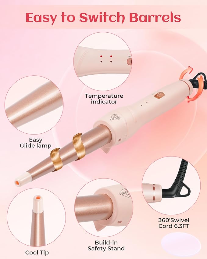 ANIEKIN 5 in 1 Curling Iron Set, Fast Heat Up Curling Wand from 3/8 to 1 1/4 Inch and a Thermal Brush Come with, Dual Voltage Hair Curler for Women All Hair Types and Travel Use, Gifts for Women,Pink