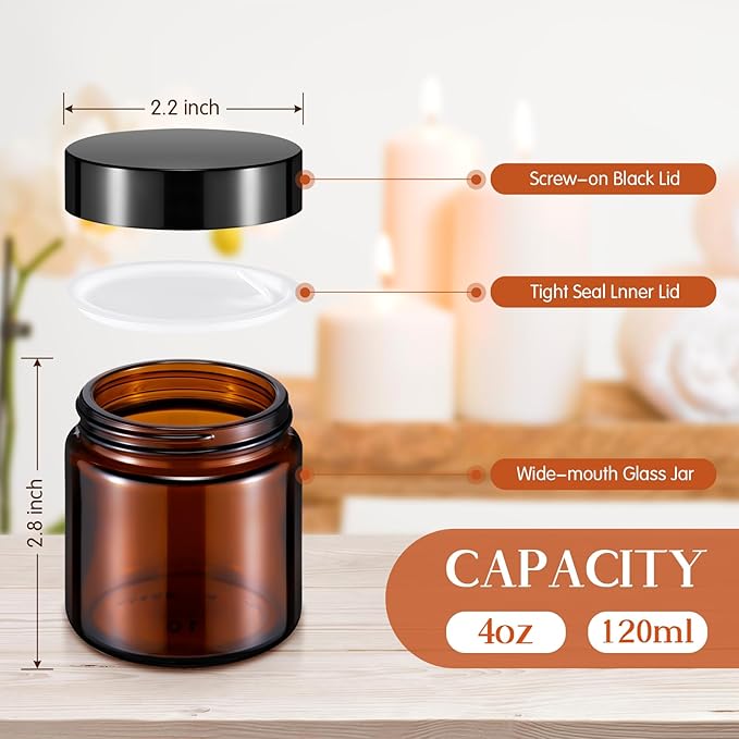 Norme 24 Pcs 4 oz Glass Jars with Lids Leakproof Round Airtight Empty Cosmetic Jars with Inner Liners Lid for Storing Lotions Powder Ointments Candle Making (Black,Amber)