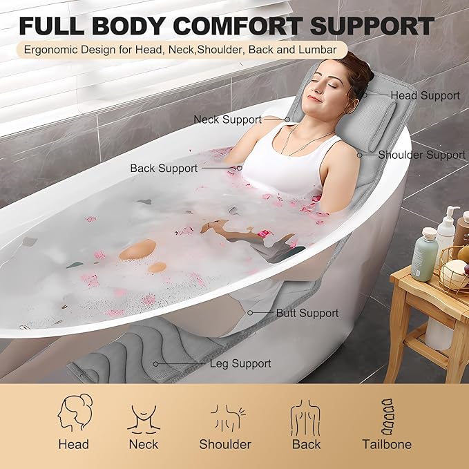 Full Body Bath Pillow for Bathtub, Non-Slip Bath Pillows for Tub, Spa Bathtub Pillow Cushion for Headrest Neck Shoulder and Back Rest Support，Relaxation Spa Accessories-50 x 15" (Grey)