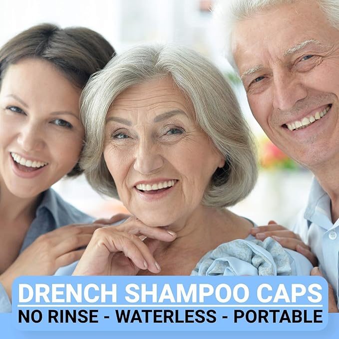 Drench No Water Rinse Free Shampoo Caps 6 packs - Waterless Shampoo and Conditioner - Dry Hair Wash Caps for Bedridden - Contains Aloe Vera, Vitamin E and Provitamin B5 - Dementia products for elderly