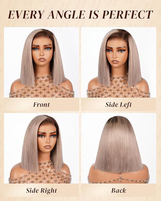 Arabella 20/Ash Blonde Bob Wig Human Hair 5x6 Wear and Go Glueless Wigs Human Hair 230% Density Ombre Straight Bob Wig Lace Front Wigs Pre Cut Lace Pre Bleached Knots(12inch, 5x6 Glueless Bob)