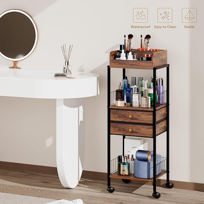 Makeup Organizer Cart Shelf Floor Skincare Organizers Make Up and Station Storage Cabinet For Vanity Standing Cosmetics With Drawers and Wheels For Nail Polish Perfume Hair Tool Beauty(Black)