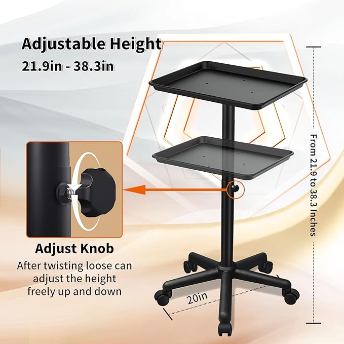 Salon Tray on Wheels, Black Salon Tray Cart with Adjustable Height, Tattoo Rolling Tray, Metal Service Instrument Storage Tray for Salon&Home Use