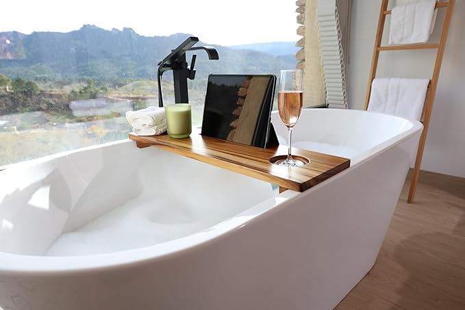 Superior Teak Bathtub Tray for Standard Tubs - Towel & Gift Box Bundle - Sustainable Minimalist Wood Bath Tray for Tub - Anti-Slip Bath Table Tray Bath Caddy 29 in.
