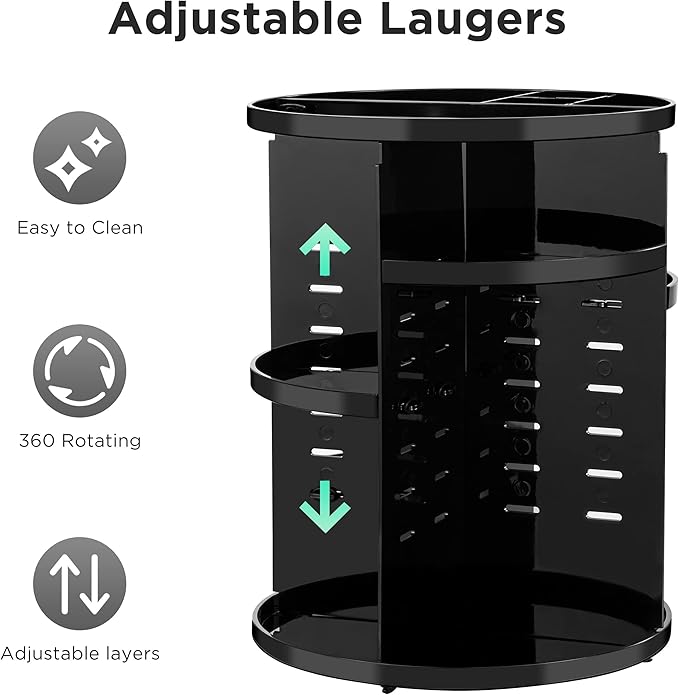 HBlife 360 Rotating Makeup Organizer Adjustable Carousel Large Capacity Revolving Perfume Organizer Skincare Organizers Cosmetic Storage Spinning Holder for Vanity, Black