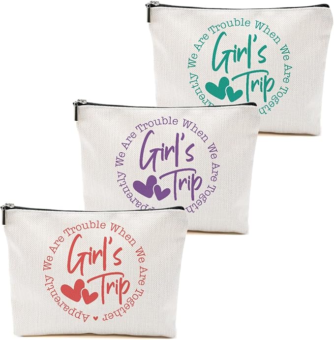 3Pcs Girls Trip Gifts Favors, Bestie Gifts Funny Makeup Bag, 2025 Girls Weekend Gifts Travel Gifts Cosmetic Bag, Friendship Gifts for Women Friend Weekend Bag, Graduation Wedding Gifts Toiletry Bag