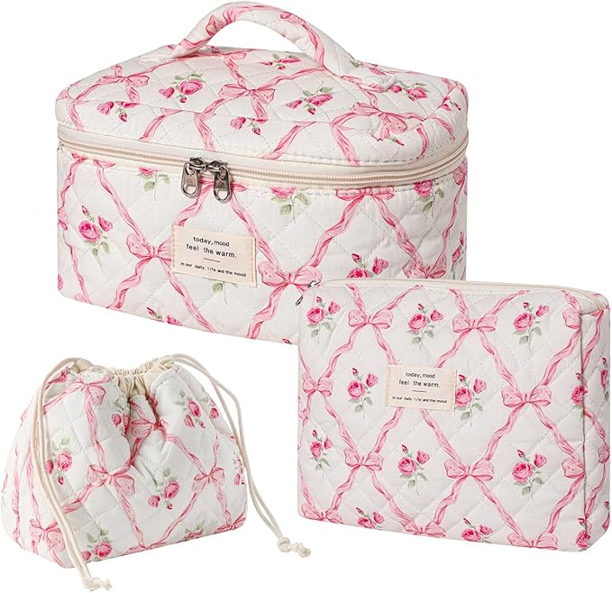 3pcs Large Cotton Quilted Makeup Bag Set,Coquette Aesthetic Cute Travel Toiletry Bag,Drawstring Gift Bag for Women and Girls(3Pcs Pink Bow)