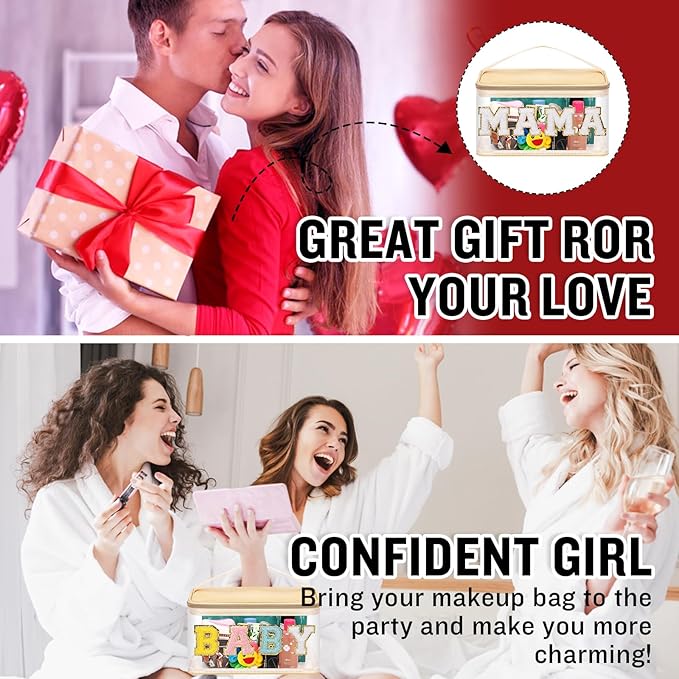 2 Pcs Chenille Letter Clear Makeup Bags Mama Baby Pouch, Preppy Patch Makeup Bag Mama Baby Hospital Duffle Bag Zipper with Handle, Travel Baby Toiletry Bag Nylon Cosmetic Handbag for Women(MAMA+BABY)