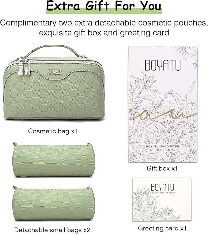 BOYATU Travel Makeup Bag Organizer Cosmetic Bag: 3 Pcs Set Make up Bags for Women with Handle - Waterproof Vegan Leather Toiletry Bags with Comparments (Green)