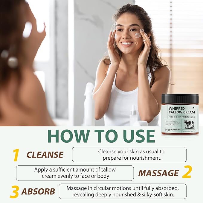 Beef Tallow for Skin, Tallow Face Moisturizer, 8.4 oz Organic Whipped Grass Fed Beef Tallow with Honey Cream for Face & Body, Unscented