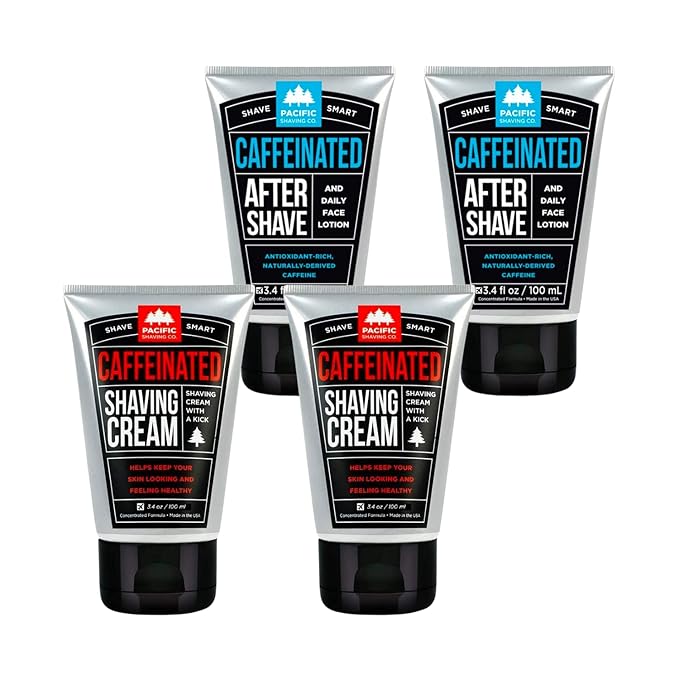 Pacific Shaving Company Caffeinated Shaving Cream & Aftershave Set - Shave Kit for Men - Antioxidant + Caffeine Enriched Shave Cream + Aftershave Lotion (3.4 Oz, 2x Each)