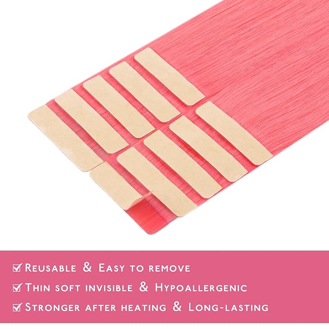 WENNALIFE Tape in Hair Extensions Human Hair Light Pink Tape in Extensions, 10pcs 30g 26 inch Remy Invisible Tape Ins Straight Colored Soft Real Human Hair Tape in Extensions Refill Set Extensions