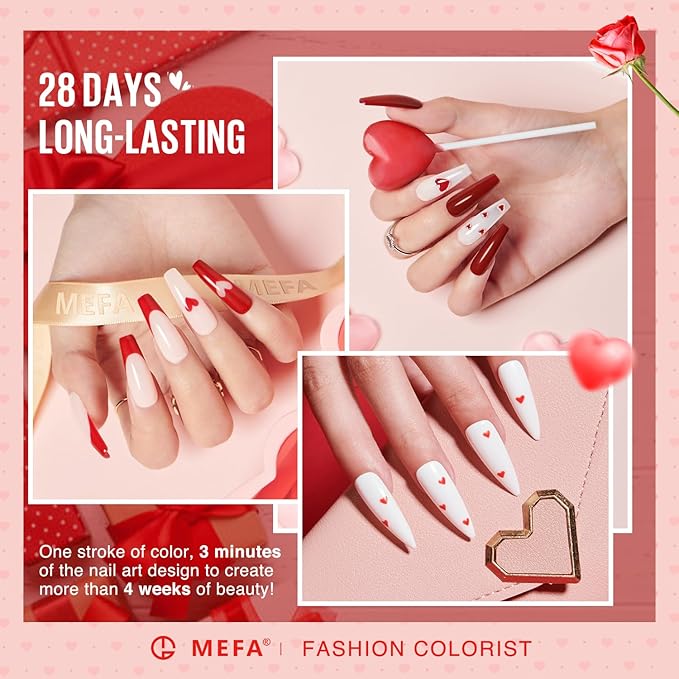 MEFA 6 Colors Red Gel Nail Polish Set, Glitter Shades Sparkle Silver Champagne Love Times Tones Salon Decorations Nail Art Design at Home Manicure DIY Kit Gifts for Women Girl