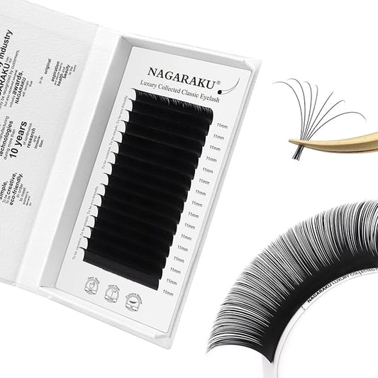 NAGARAKU Individual Eyelash Extensions, Luxury Collected Classic Single Lashes Upgraded 3rd Generation Soft Natural Beauty Salon Professional Lash Supplies 16 Rows Matte Black -0.12 C Curl 11mm