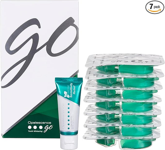 Opalescence GO 15 Whitening Bundle - (7 Treatments) Hydrogen Peroxide Prefilled Whitening Trays and Travel Sensitive Whitening Toothpaste 1 Oz - Mint Flavor- 6288-1T