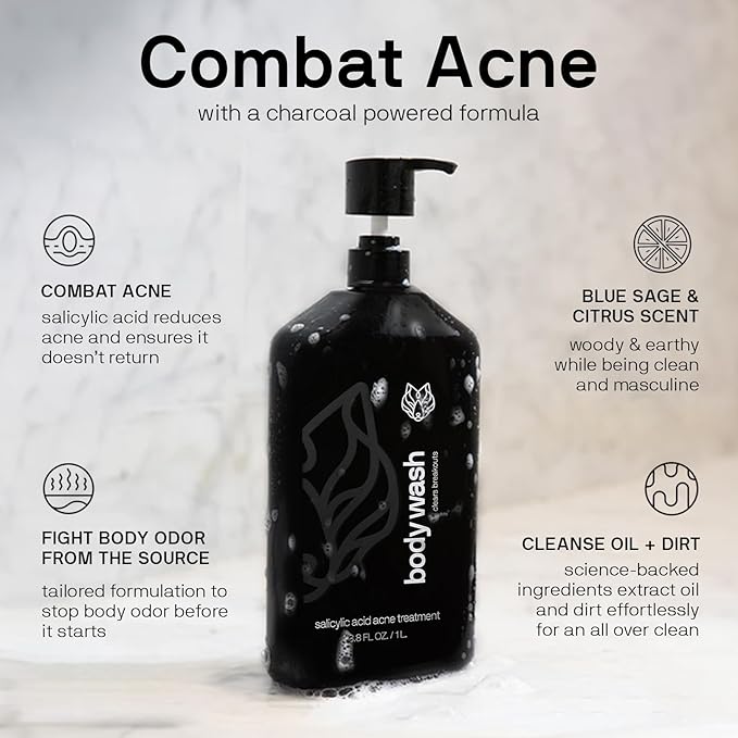 Black Wolf Charcoal Powder Body Wash for Men, 1 Liter - Charcoal Powder & Salicylic Acid Reduce Acne Breakouts & Cleanse Your Skin from Toxins & Impurities - Rich Lather for Full Coverage, Deep Clean